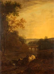Paysage avec pont et rivière sinueuse